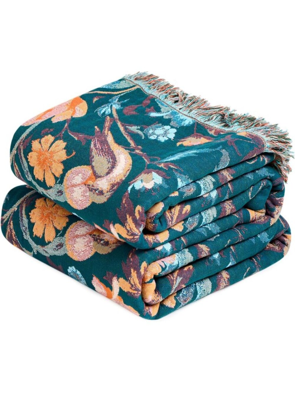 Cozy Boho Throw Blanket 50"x60" | Cotton Floral Birds Design for Couch Decor